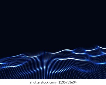 3D Wavy Surface Grid Background. Perspective view of landscape or terrain. Technology style vector illustration.