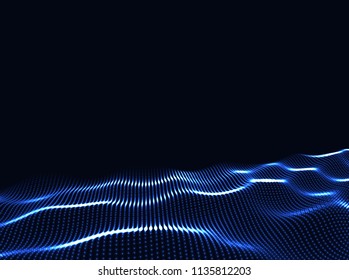 3D Wavy Surface Grid Background. Perspective view of landscape or terrain. Technology style vector illustration.