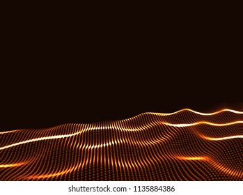 3D Wavy Surface Grid Background. Perspective view of landscape or terrain. Technology style vector illustration.