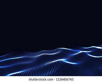 3D Wavy Surface Grid Background. Perspective view of landscape or terrain. Technology style vector illustration.