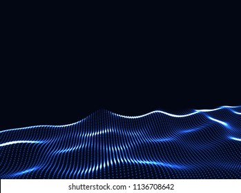 3D Wavy Surface Grid Background. Perspective view of landscape or terrain. Technology style vector illustration.