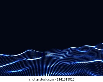 3D Wavy Surface Grid Background. Perspective view of landscape or terrain. Technology style vector illustration.