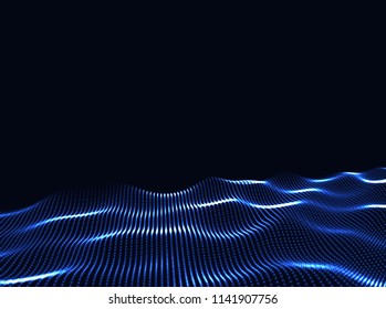 3D Wavy Surface Grid Background. Perspective view of landscape or terrain. Technology style vector illustration.