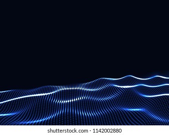 3D Wavy Surface Grid Background. Perspective view of landscape or terrain. Technology style vector illustration.