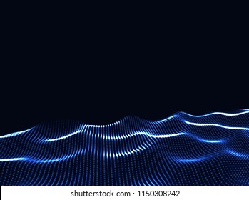 3D Wavy Surface Grid Background. Perspective view of landscape or terrain. Technology style vector illustration.