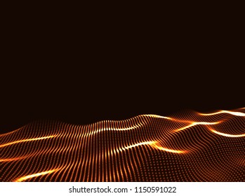 3D Wavy Surface Grid Background. Perspective view of landscape or terrain. Technology style vector illustration.