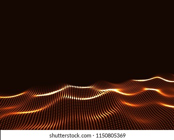 3D Wavy Surface Grid Background. Perspective view of landscape or terrain. Technology style vector illustration.