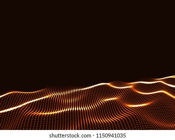 3D Wavy Surface Grid Background. Perspective view of landscape or terrain. Technology style vector illustration.
