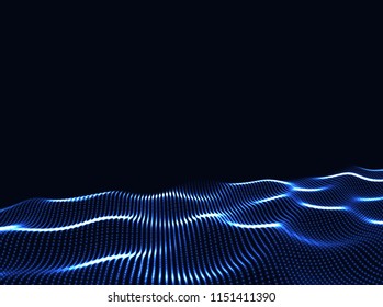 3D Wavy Surface Grid Background. Perspective view of landscape or terrain. Technology style vector illustration.