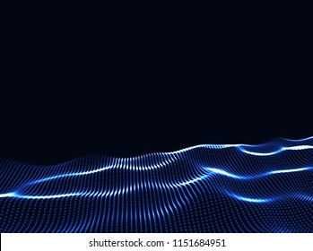3D Wavy Surface Grid Background. Perspective view of landscape or terrain. Technology style vector illustration.