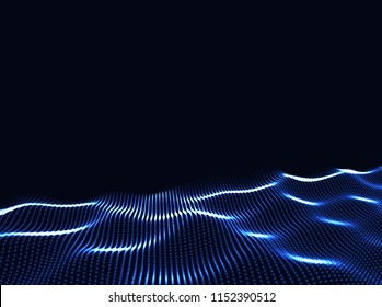 3D Wavy Surface Grid Background. Perspective view of landscape or terrain. Technology style vector illustration.