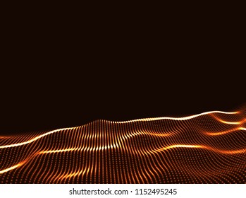 3D Wavy Surface Grid Background. Perspective view of landscape or terrain. Technology style vector illustration.