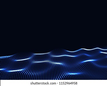 3D Wavy Surface Grid Background. Perspective view of landscape or terrain. Technology style vector illustration.