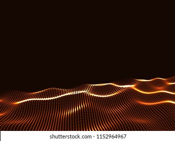 3D Wavy Surface Grid Background. Perspective view of landscape or terrain. Technology style vector illustration.