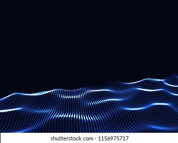 3D Wavy Surface Grid Background. Perspective view of landscape or terrain. Technology style vector illustration.