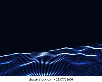 3D Wavy Surface Grid Background. Perspective view of landscape or terrain. Technology style vector illustration.