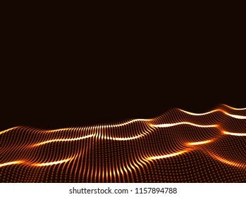 3D Wavy Surface Grid Background. Perspective view of landscape or terrain. Technology style vector illustration.