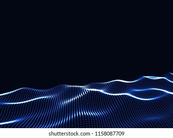 3D Wavy Surface Grid Background. Perspective view of landscape or terrain. Technology style vector illustration.