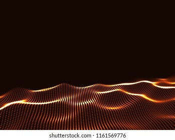 3D Wavy Surface Grid Background. Perspective view of landscape or terrain. Technology style vector illustration.
