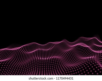3D Wavy Surface Grid Background. Perspective view of landscape or terrain. Technology style vector illustration.