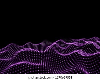 3D Wavy Surface Grid Background. Perspective view of landscape or terrain. Technology style vector illustration.