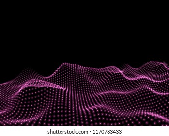 3D Wavy Surface Grid Background. Perspective view of landscape or terrain. Technology style vector illustration.
