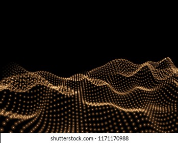 3D Wavy Surface Grid Background. Perspective view of landscape or terrain. Technology style vector illustration.