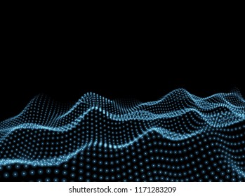 3D Wavy Surface Grid Background. Perspective view of landscape or terrain. Technology style vector illustration.