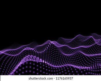 3D Wavy Surface Grid Background. Perspective view of landscape or terrain. Technology style vector illustration.