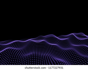 3D Wavy Surface Grid Background. Perspective view of landscape or terrain. Technology style vector illustration.