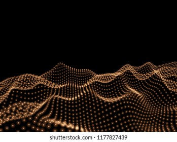 3D Wavy Surface Grid Background. Perspective view of landscape or terrain. Technology style vector illustration.