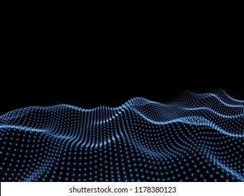 3D Wavy Surface Grid Background. Perspective view of landscape or terrain. Technology style vector illustration.