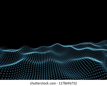 3D Wavy Surface Grid Background. Perspective view of landscape or terrain. Technology style vector illustration.