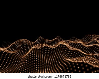 3D Wavy Surface Grid Background. Perspective view of landscape or terrain. Technology style vector illustration.
