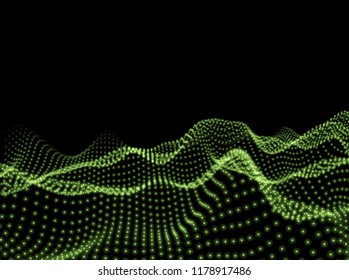 3D Wavy Surface Grid Background. Perspective view of landscape or terrain. Technology style vector illustration.
