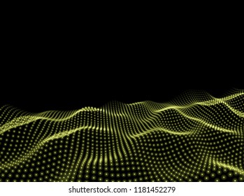 3D Wavy Surface Grid Background. Perspective view of landscape or terrain. Technology style vector illustration.