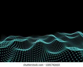 3D Wavy Surface Grid Background. Perspective view of landscape or terrain. Technology style vector illustration.