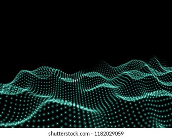 3D Wavy Surface Grid Background. Perspective view of landscape or terrain. Technology style vector illustration.