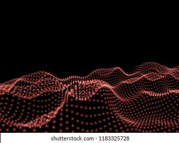 3D Wavy Surface Grid Background. Perspective view of landscape or terrain. Technology style vector illustration.