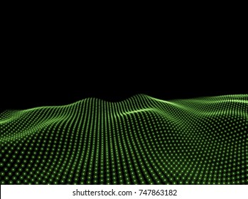 3D Wavy Surface Grid Background. Perspective view of landscape or terrain. Technology style vector illustration.