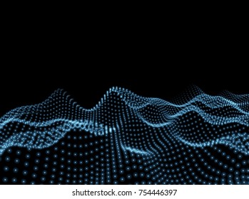 3D Wavy Surface Grid Background. Perspective view of landscape or terrain. Technology style vector illustration.