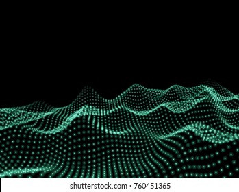3D Wavy Surface Grid Background. Perspective view of landscape or terrain. Technology style vector illustration.