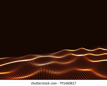 3D Wavy Surface Grid Background. Perspective view of landscape or terrain. Technology style vector illustration.