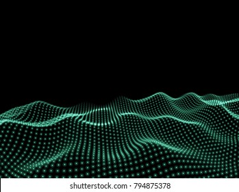 3D Wavy Surface Grid Background. Perspective view of landscape or terrain. Technology style vector illustration.