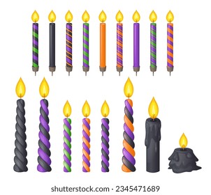 3 d cera para Halloween y fiesta de cumpleaños. Quemando velas de varas de cera retorcidas con fuego para pasteles y celebración de fiestas, dibujos animados vectores aislados en fondo blanco