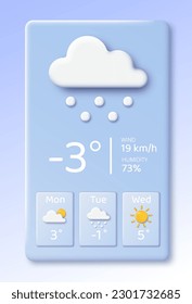 Afiche de la aplicación del clima en 3D. Nube con copos de nieve, nevada en invierno. Meteorología y previsión para lunes, martes y miércoles. Plantilla y burla. Isometric vector ilustración