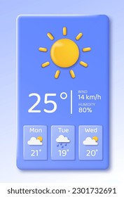 3D weather app poster. Sunny weather and high temperature. Symbol of summer season. Infographics and meteorology, forecast. Template, layout and mock up. Isometric vector illustration