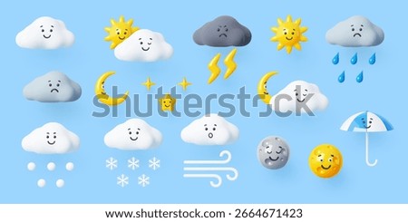 3d weather characters, cartoon vector icon set featuring cheerful and sad clouds, sun, moon, stars, lightning, snow, rain and wind with expressive faces. Funny personages for weather forecast apps