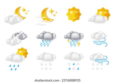 3D weather element. Meteorology symbol. Cloud with snow and rain. Sun or moon. Summer overcast. Wind or storm. Winter rainy season. Sky precipitation. Render cumulus. Vector cartoon forecast icons set