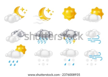 3D weather element. Meteorology symbol. Cloud with snow and rain. Sun or moon. Summer overcast. Wind or storm. Winter rainy season. Sky precipitation. Render cumulus. Vector cartoon forecast icons set